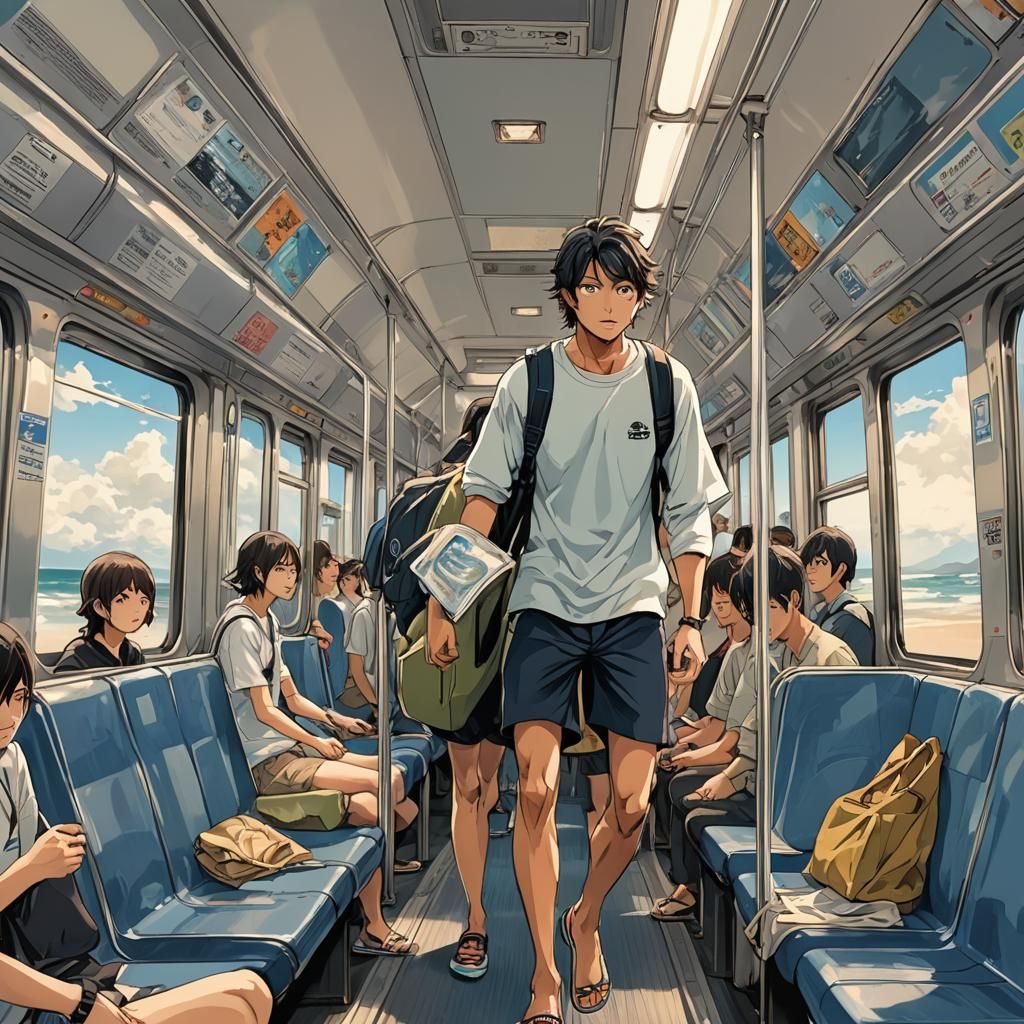 Surfer Rides Train in Anime Style