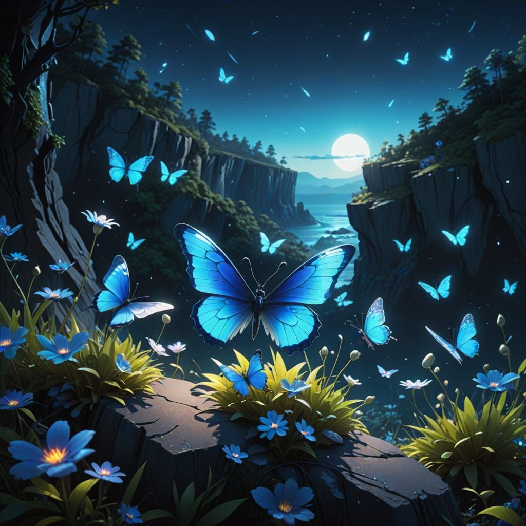 Enchanted Blue Crystal Flower in Moonlit Night: 3D Render