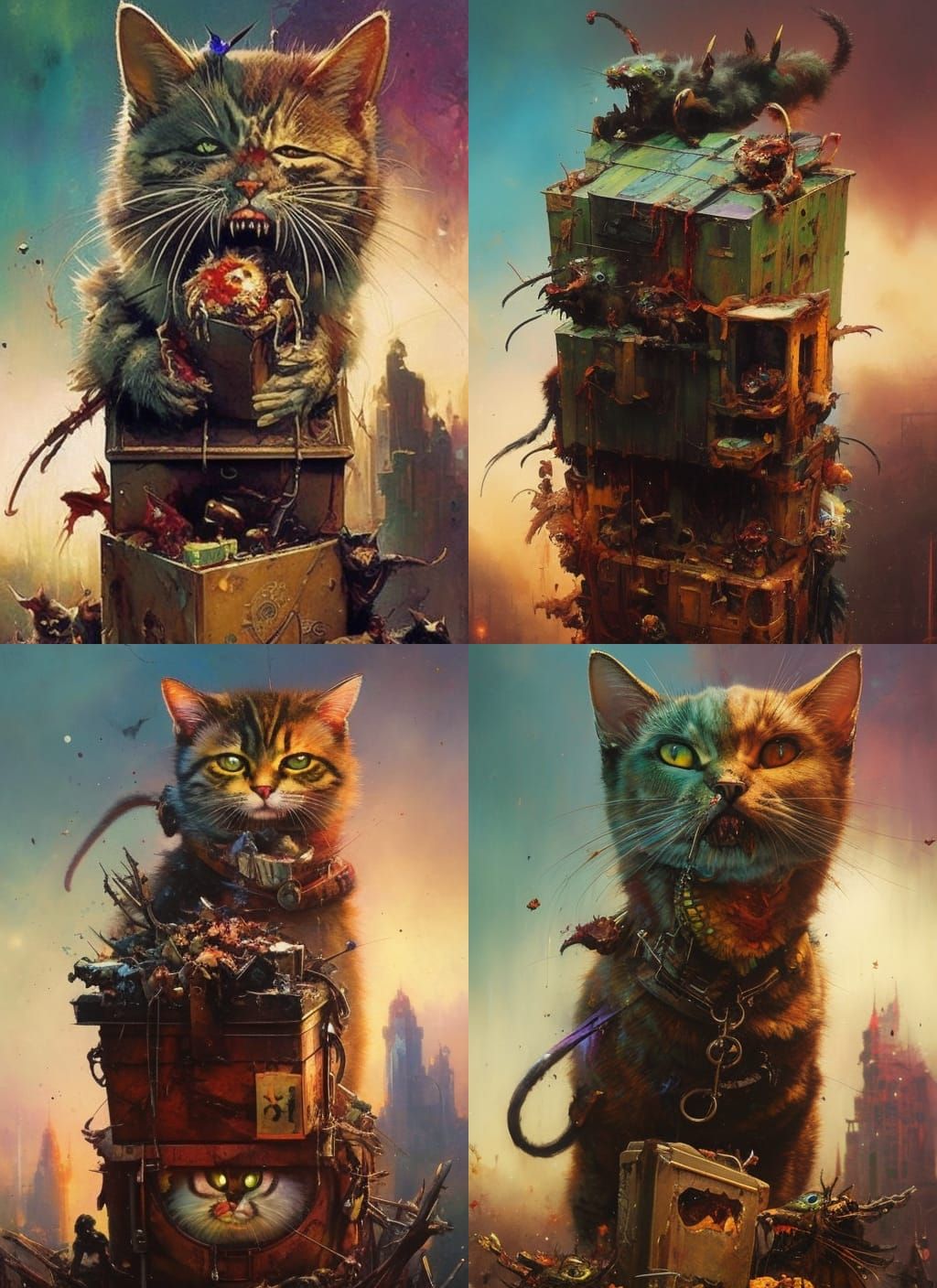 Zombie Cats Crayon Caricature in Hyperreal Style