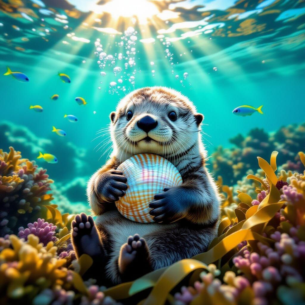 Baby Sea Otter in Turquoise Sunlit Shallows