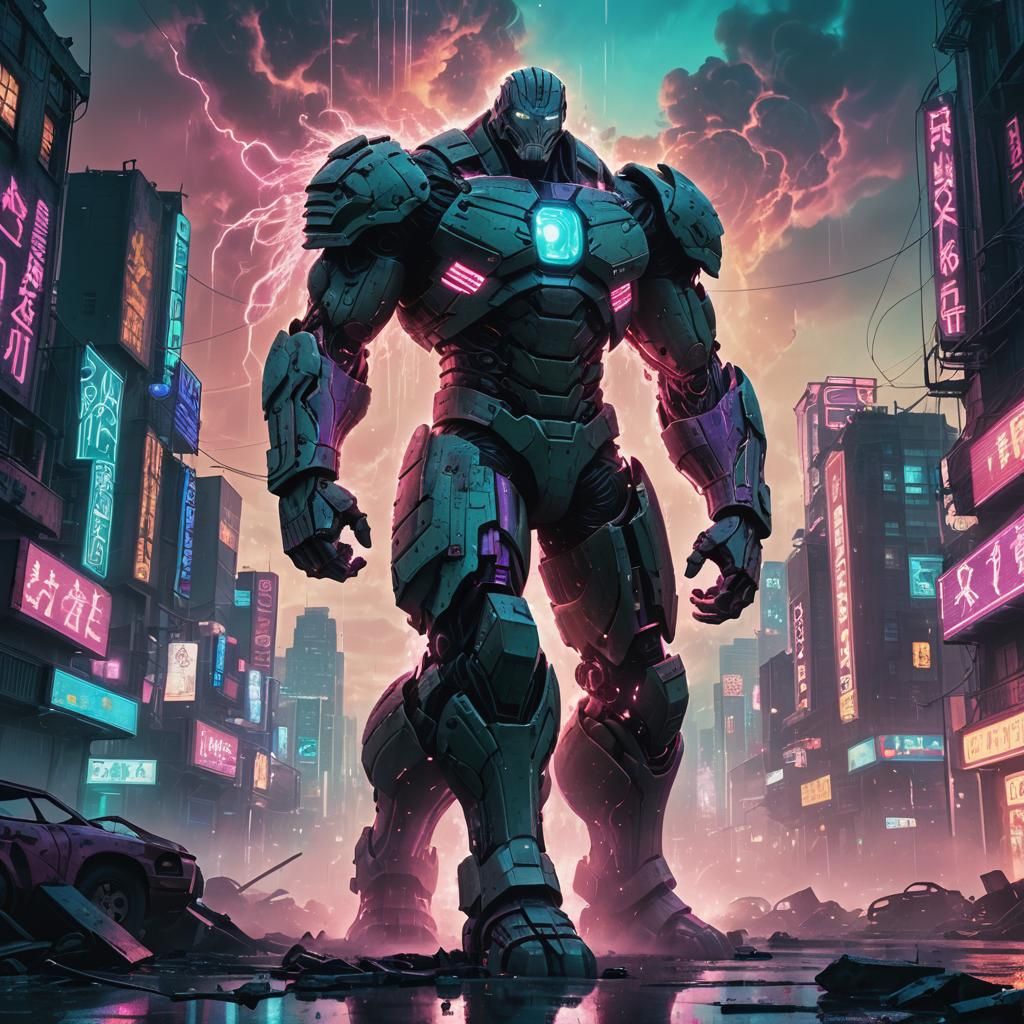 Armored Titan in Neon Retro Cityscape