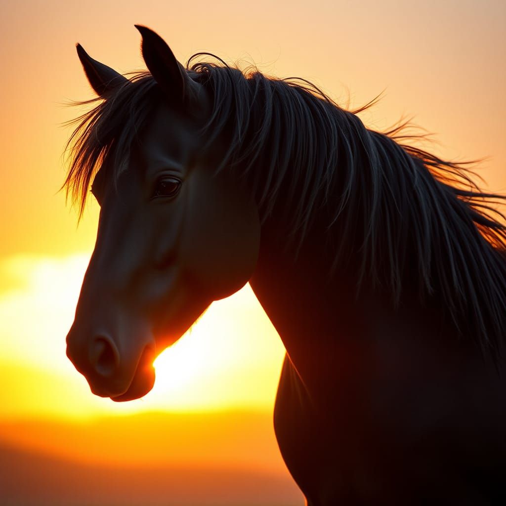 Majestic Black Horse in Golden Sunset Light