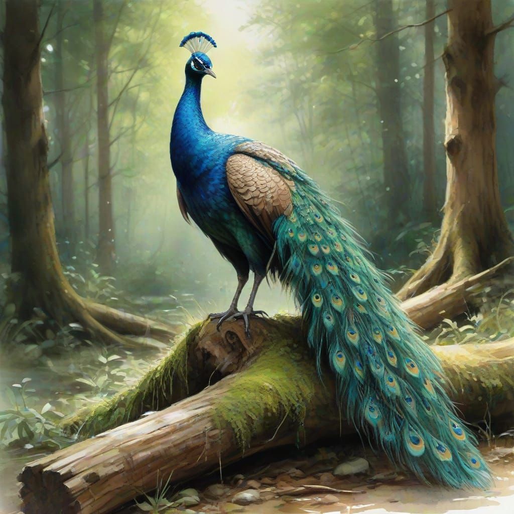 Majestic Peacock on Mossy Log in Forest Clearing