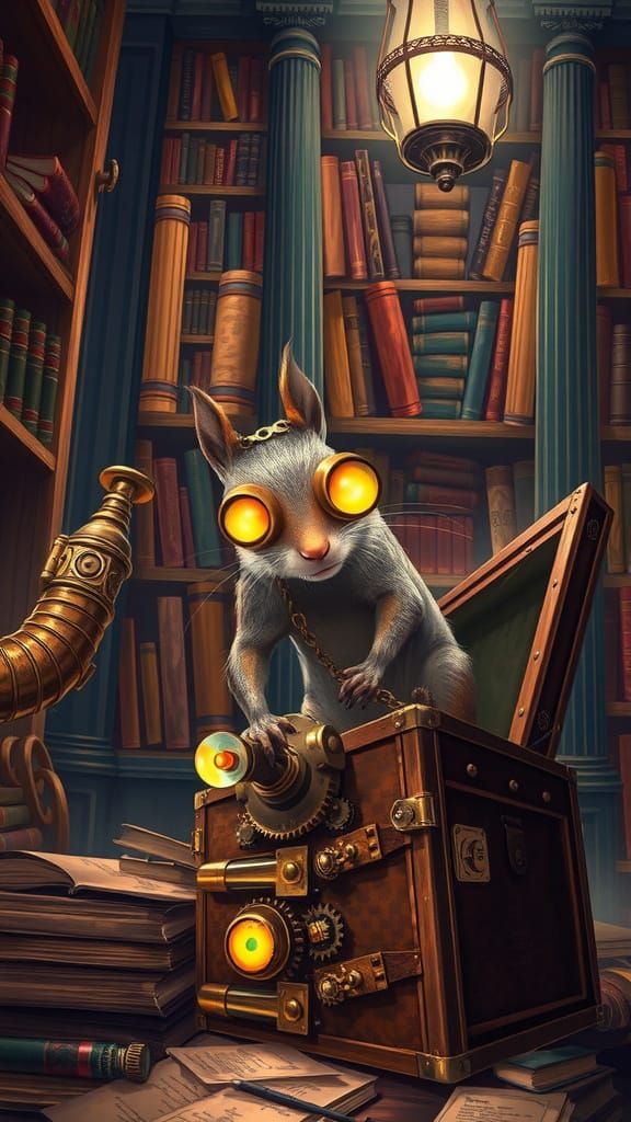 Steampunk Squirrel in Victorian Library