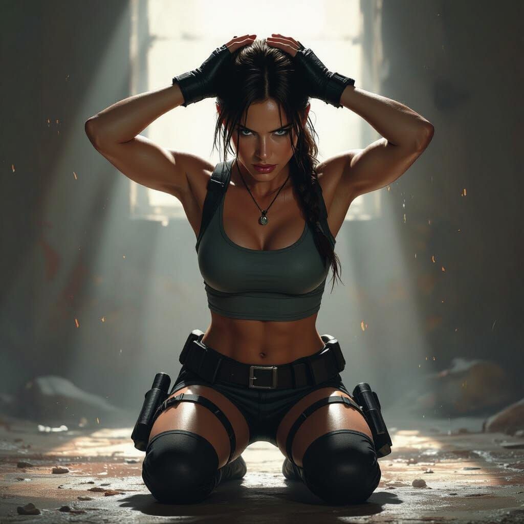 Lara Croft Surrenders in Cinematic Concept Art Style