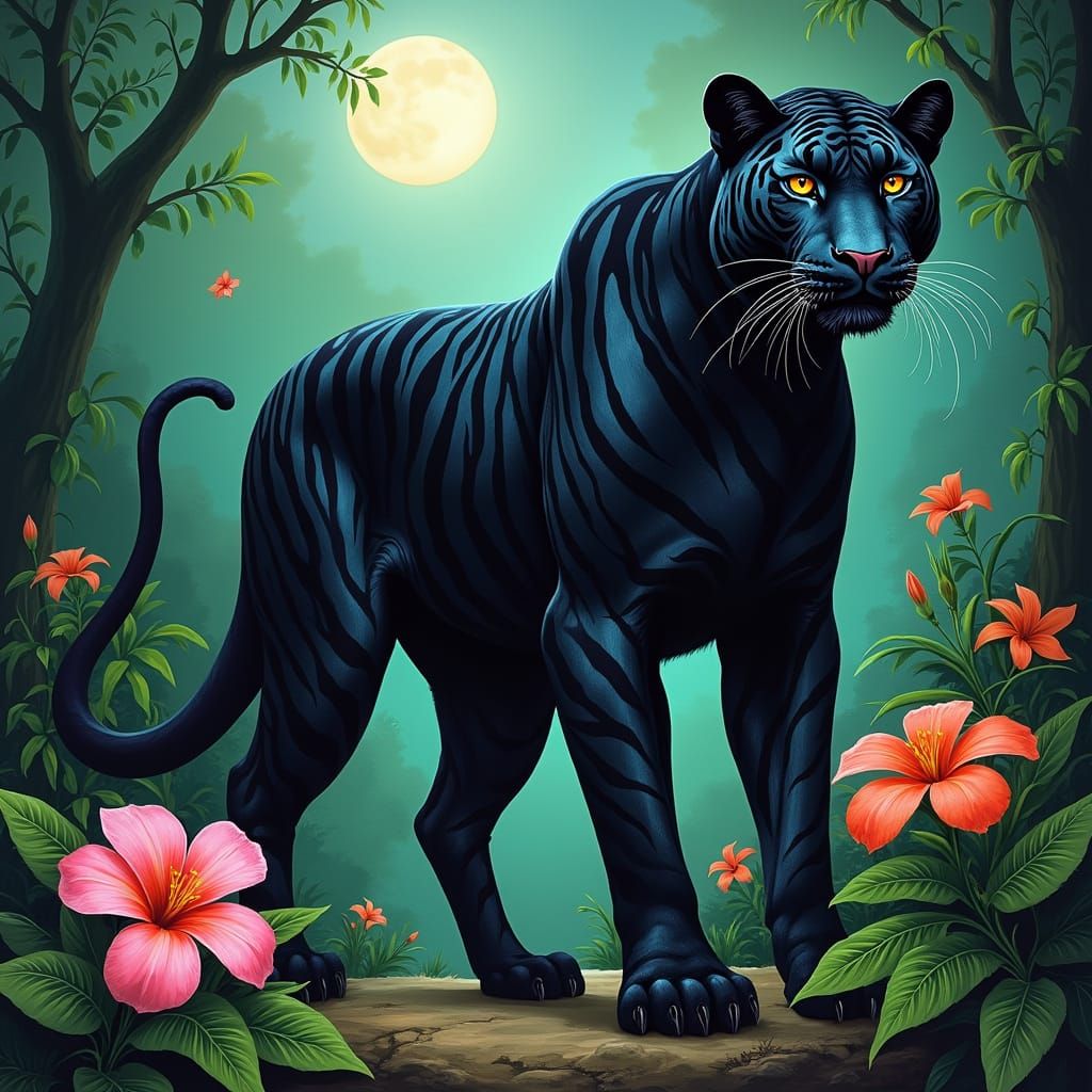 Majestic White-Striped Panther Stands Proud in Moonlit Jungl...