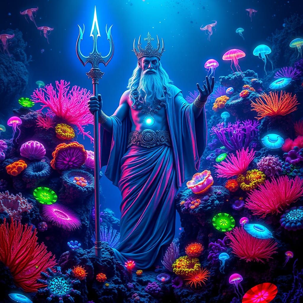 Neptune in Bioluminescent Reef with Glowing Trident