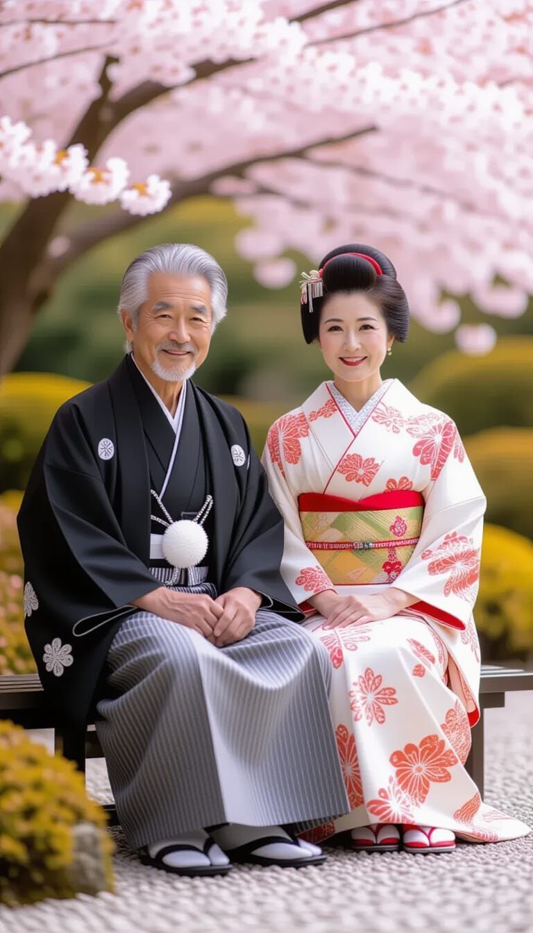 Serene Elderly Japanese Couple in Cherry Garden