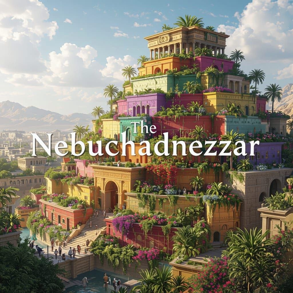 Babylonian Hanging Gardens with Nebuchadnezzar Title Art