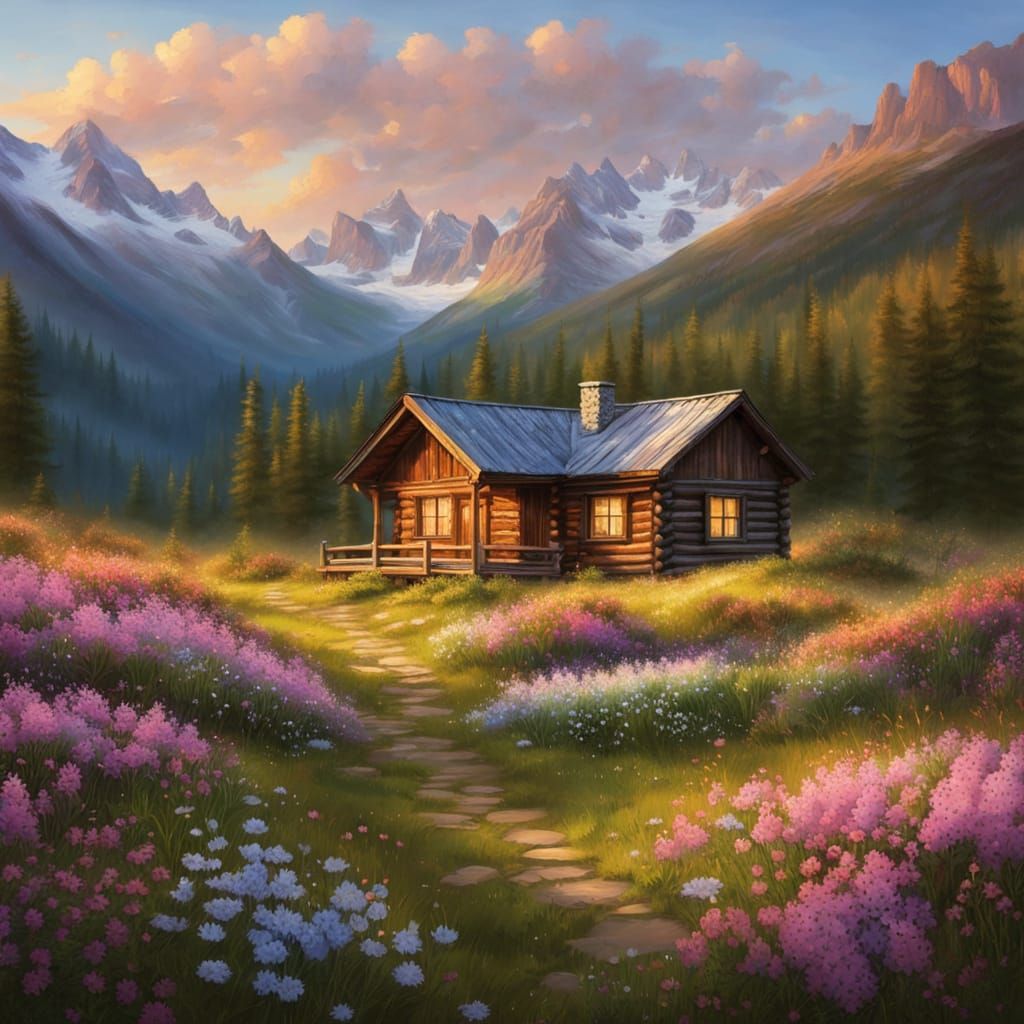 Serene Alpine Meadow in Spring with Wildflowers and Snow-Cap...