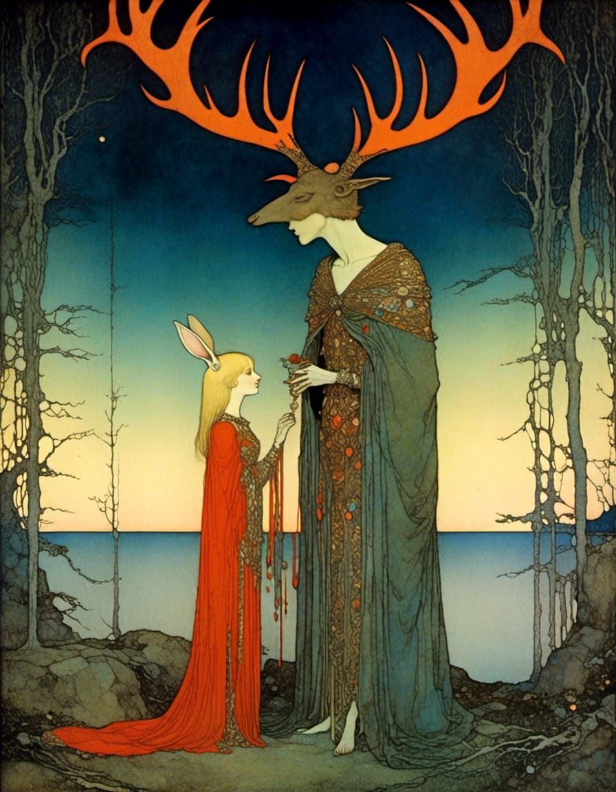 Enchanted Glade: Woman with Antlers in Classic Illustration ...