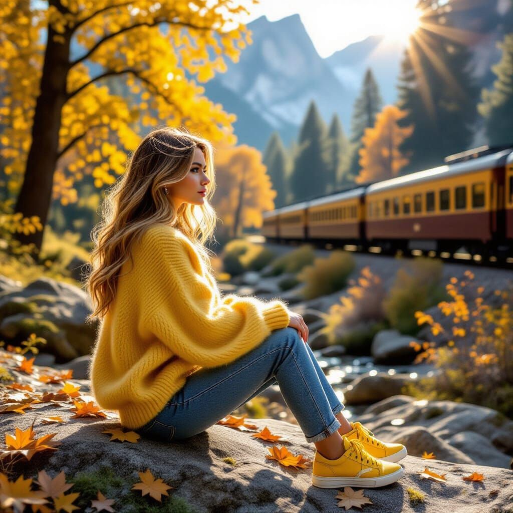 Woman in Yellow Sweater Gazes at Train in Yosemite