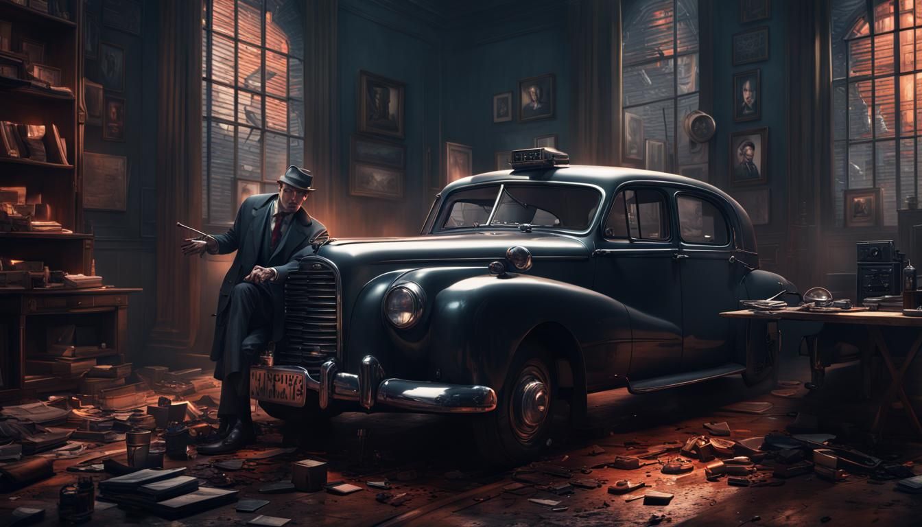 Iconic Detective at Crime Scene in Noir Style