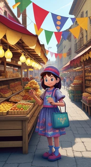 Little Girl at Butter Stall in Colorful 3D Cartoon