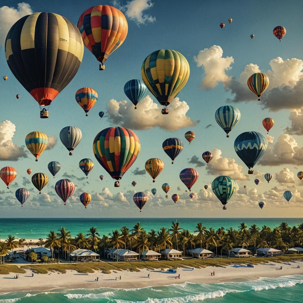 Hot air balloons flying over Miami beach.