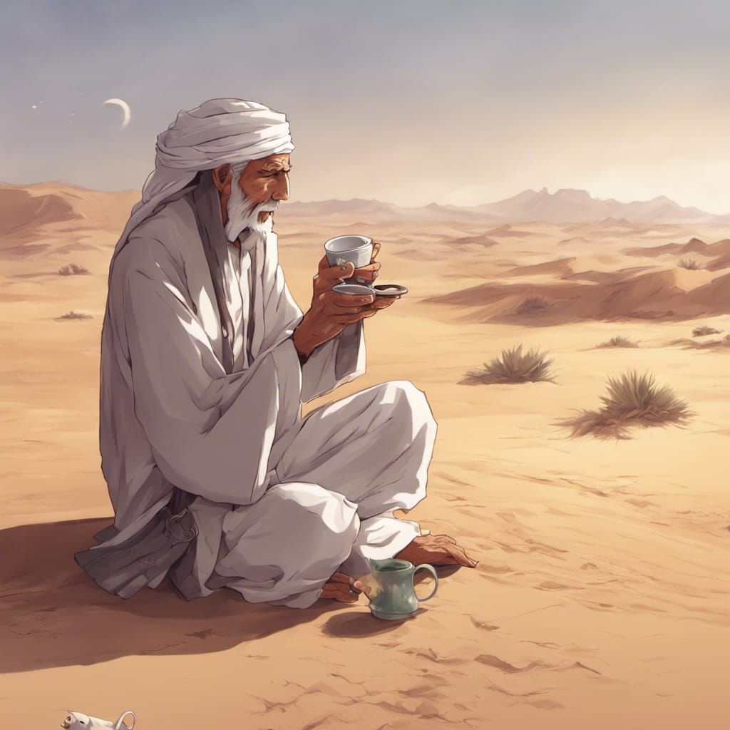 Arabian Man Drinking Coffee in Anime Style