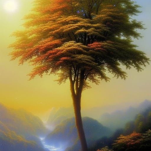 Ethereal Glitzerbaum Fantasy Art in Kinkade Style