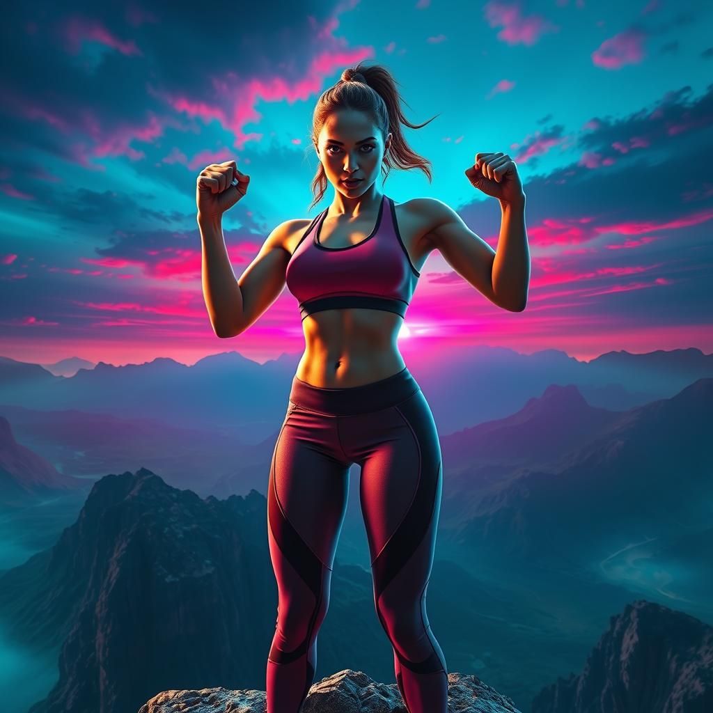 Determined Woman Overlooking Mystical Sunset Landscape