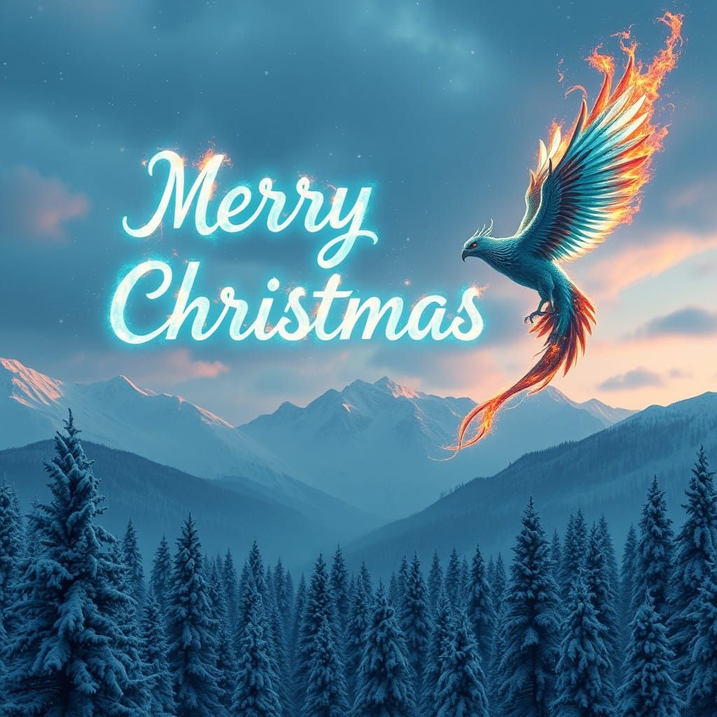 Teal Phoenix Soars Over Snowy Christmas Landscape