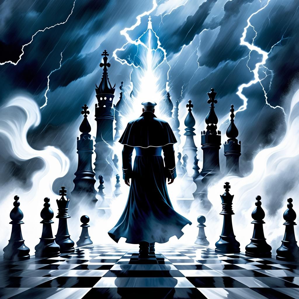 Ethereal Bishop Silhouette Amidst Chess Game