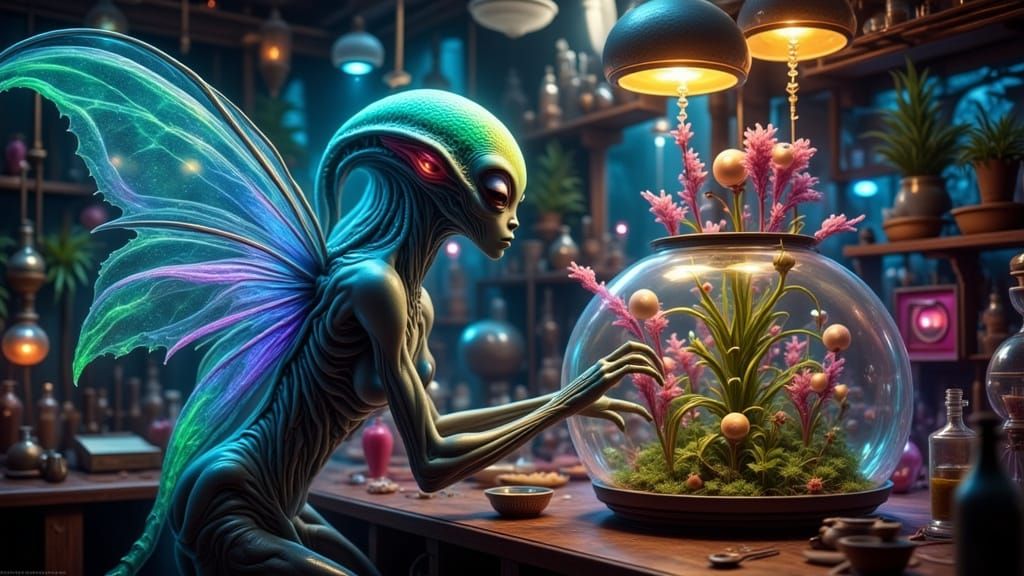 Bioluminescent Alien Fairy Tending to Terrarium, Botanical I...
