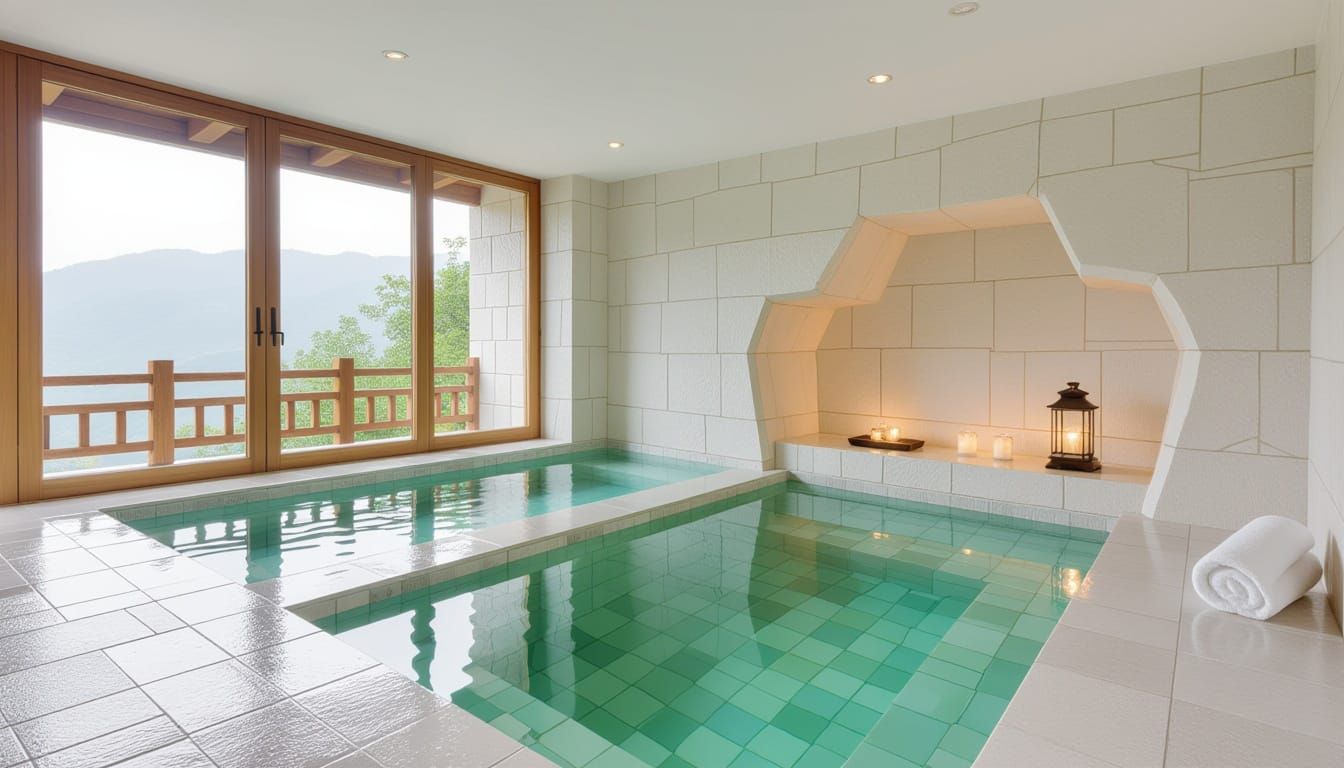 Serene White Stone Room with Soaking Pool and Waterfalls