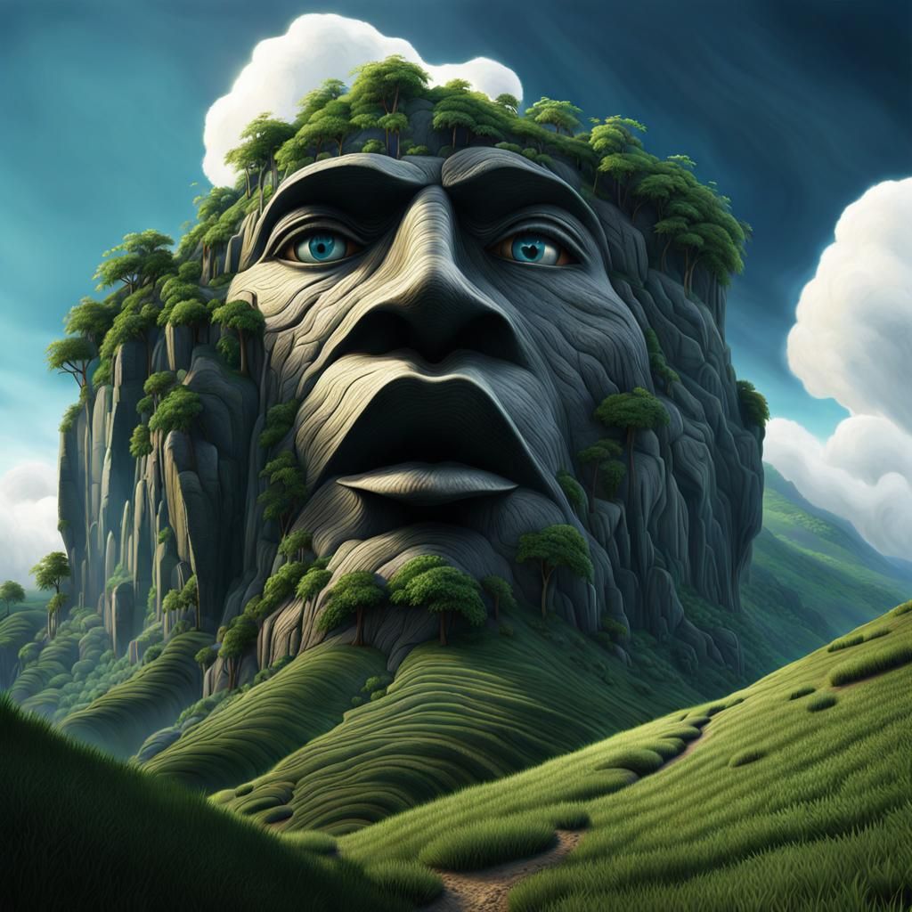 Mountain with Human Features in Lush Landscape