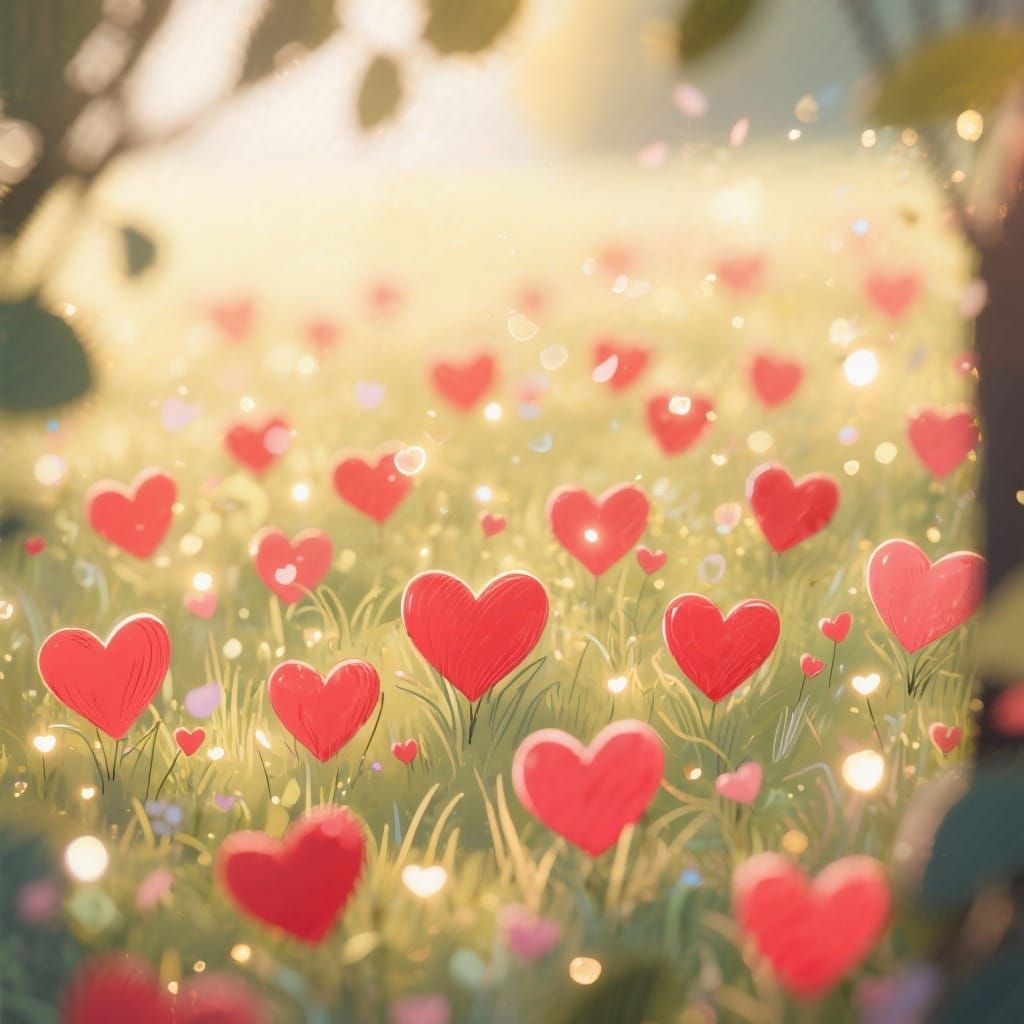 Whimsical Field of Tiny Red Hearts in Golden Hour Light