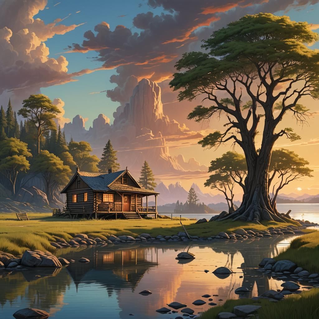 Lagoon Cabin at Sunset: A McQuarrie-Inspired Fantasy