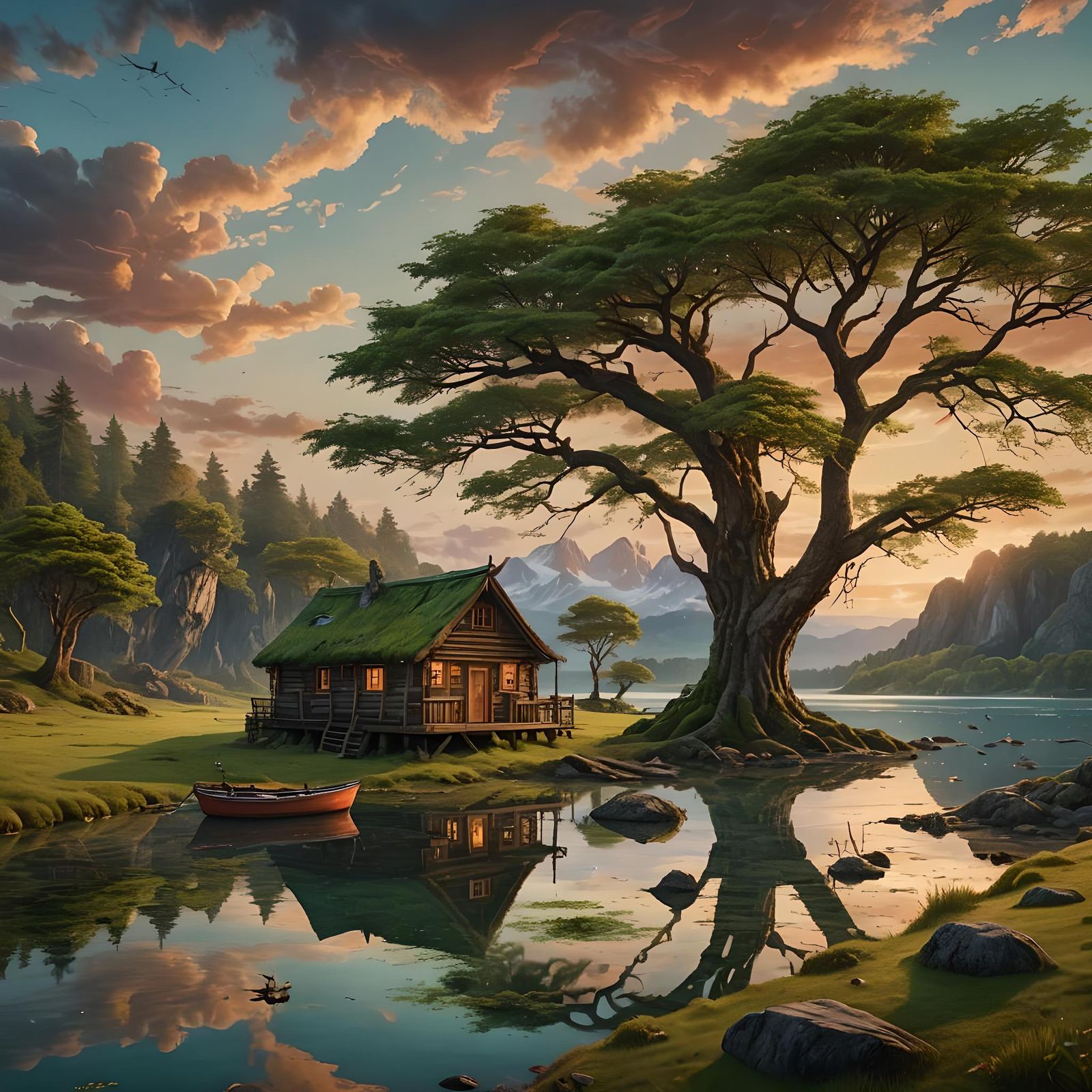 Lagoon Cabin at Sunset: Fantasy Concept Art