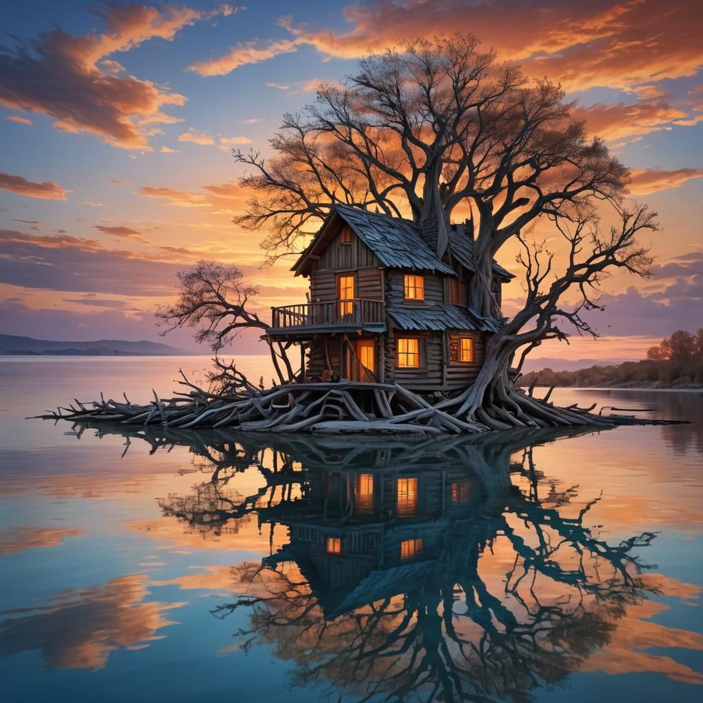 Lagoon Cabin at Sunset: Fantasy Digital Art