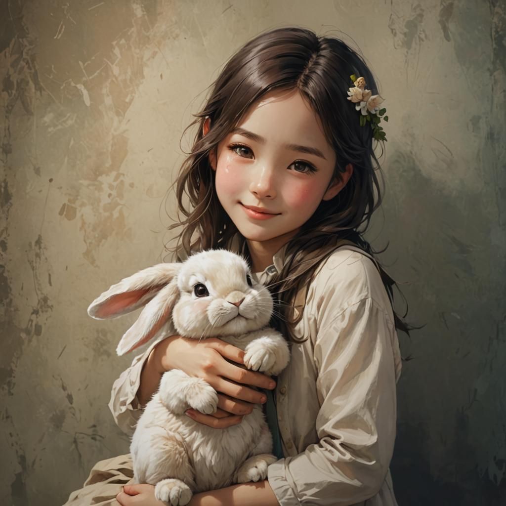 Girl Hugging Bunny in Anime Style