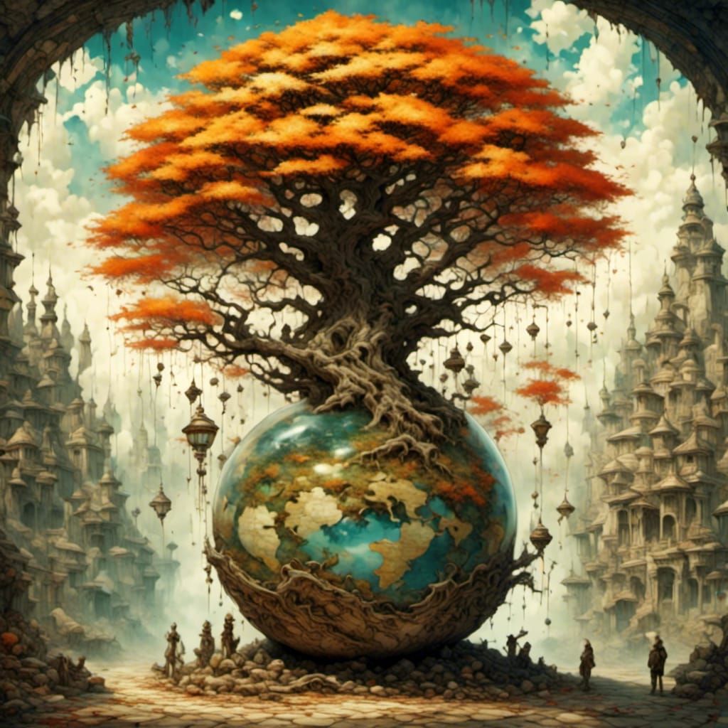 Happiness Tree on Sandstone Terrace in Ukiyo-e Style