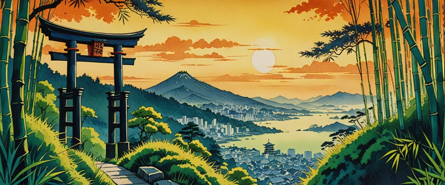 Black Torii Gate Overlooking City in Watercolor Style