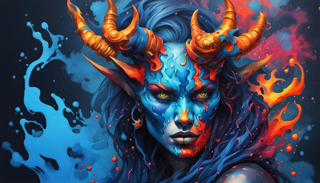 Blue Flames Demon Woman in Graffiti Art Style