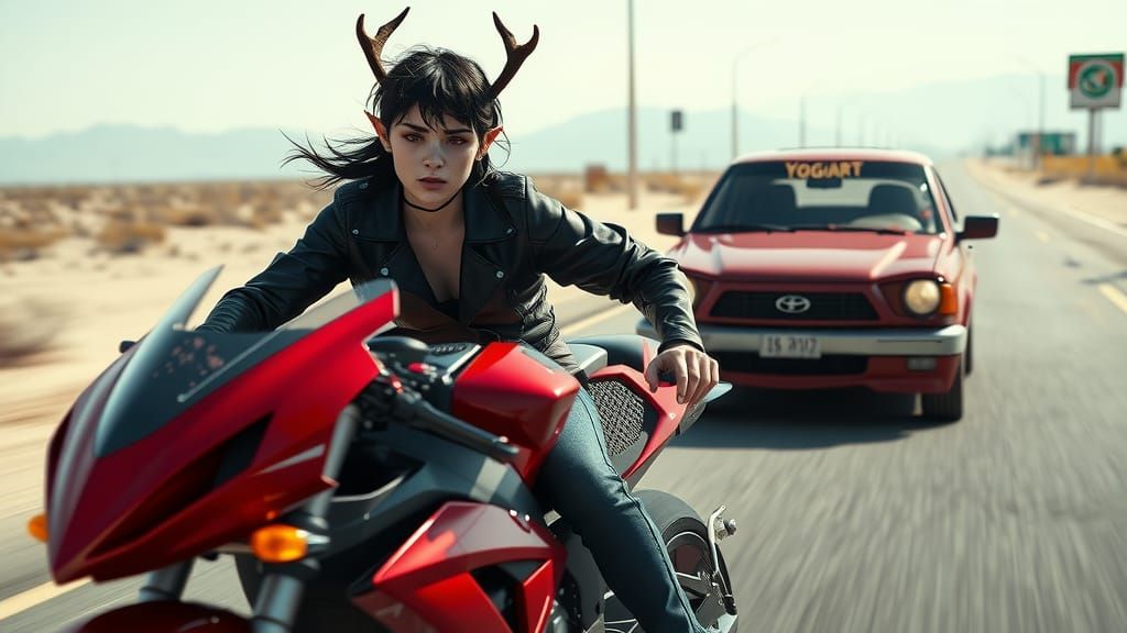 Elf on Motorcycle Chase, Hyperrealistic Digital Art