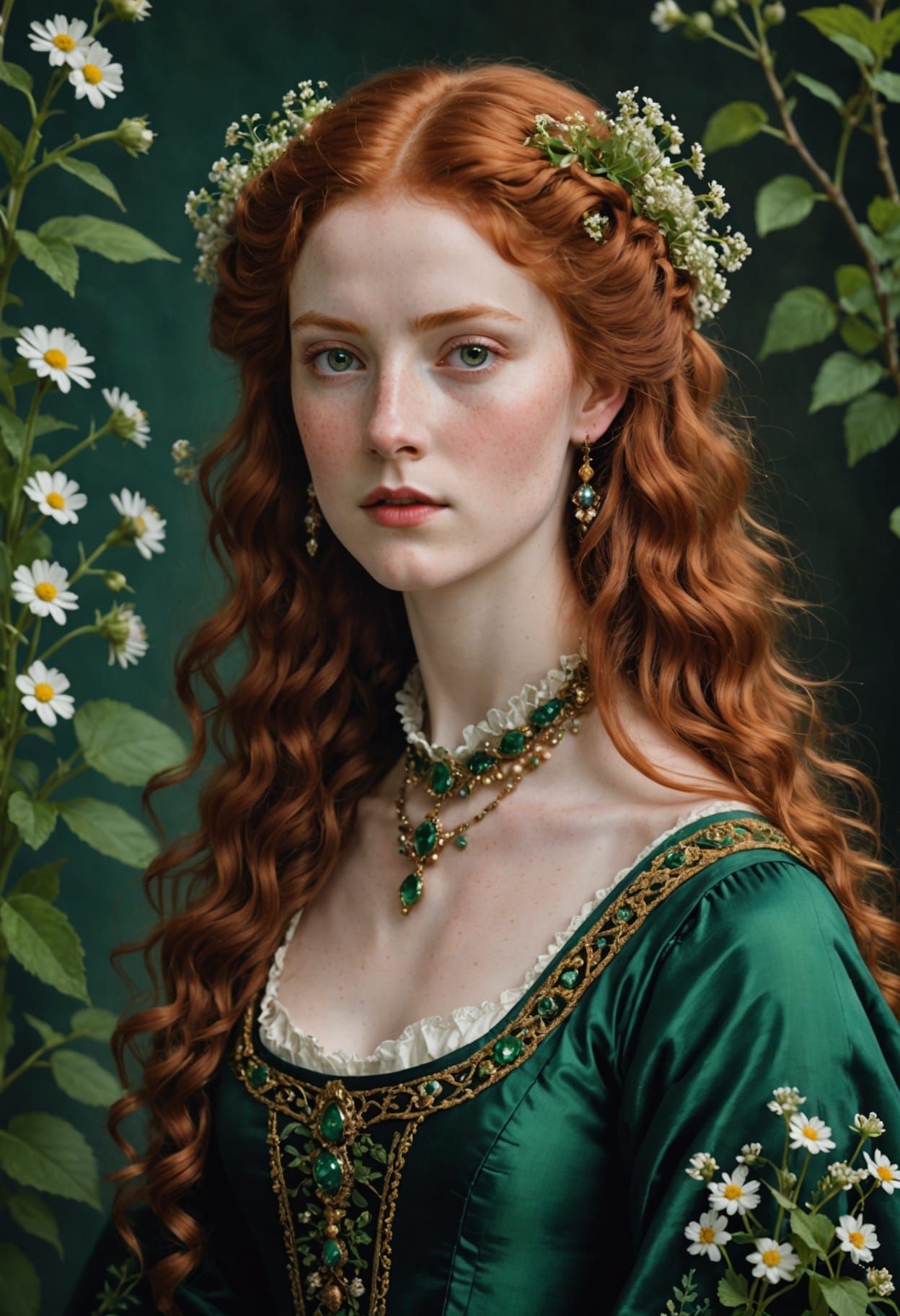 Noblewoman With Fiery Red Hair In Elegant Gown