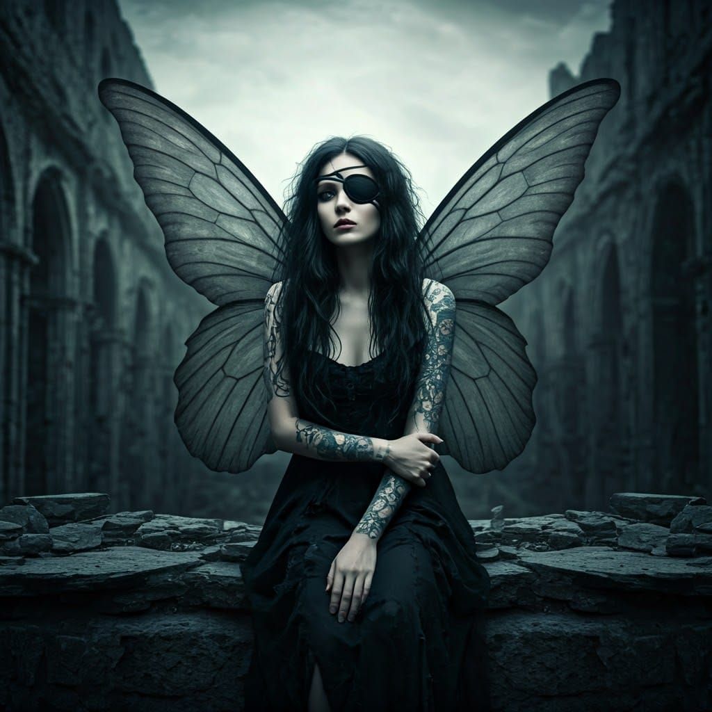 Dark Gothic Fairy on Misty City Ruins