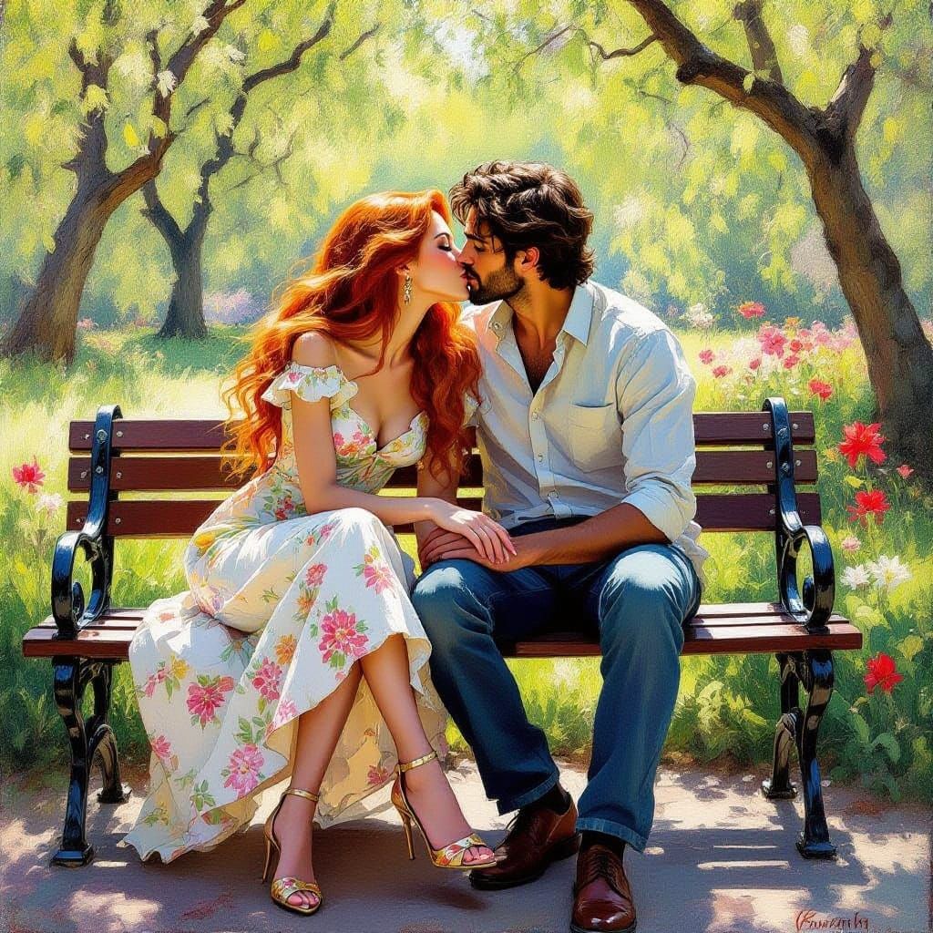 Passionate Spring Kiss in Oil Painting Style
