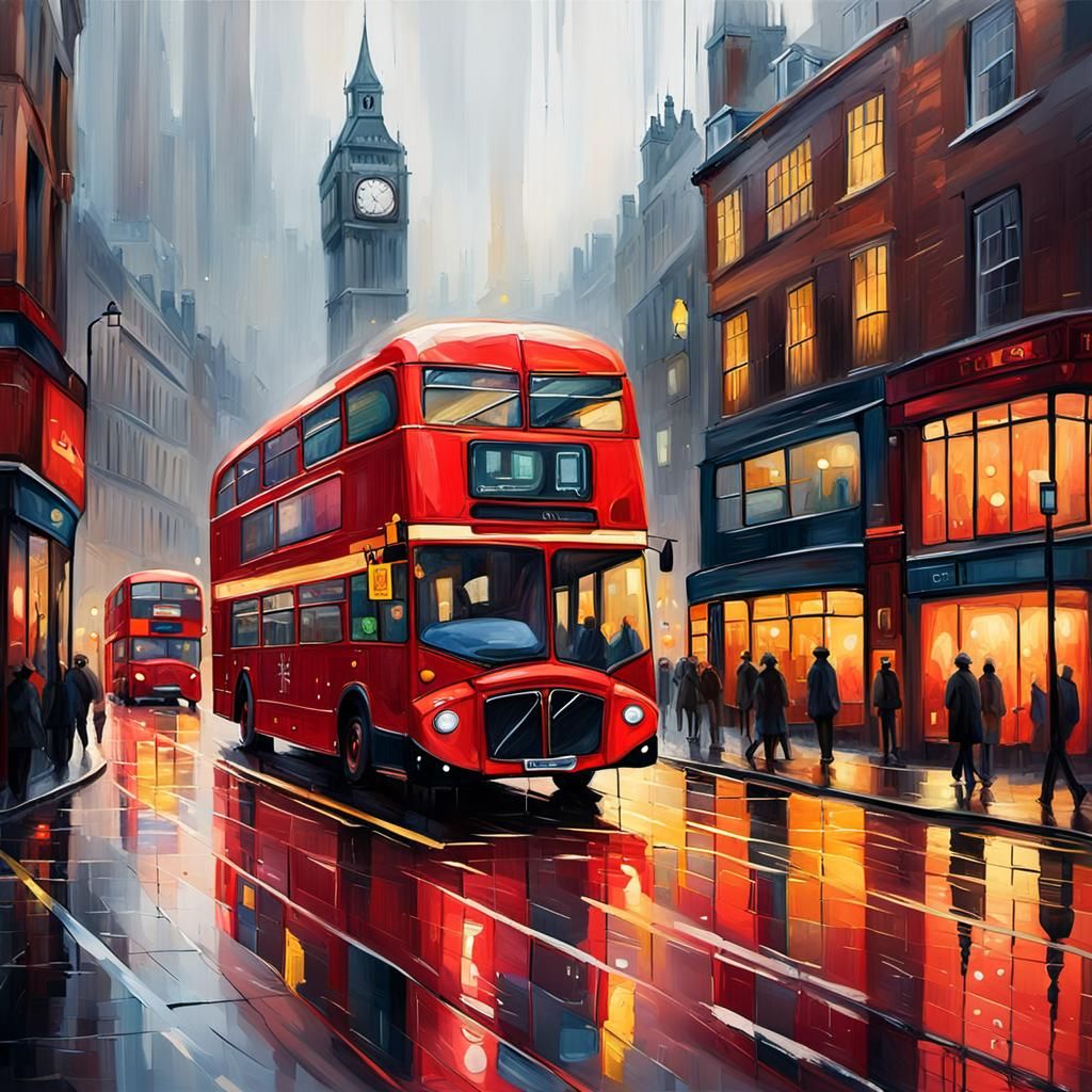 London Double-Decker Bus: Vibrant Oil Painting