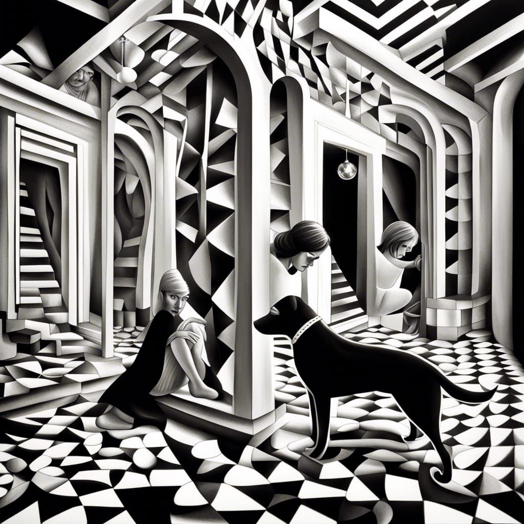 Escher-esque Woman and Dog in Black and White