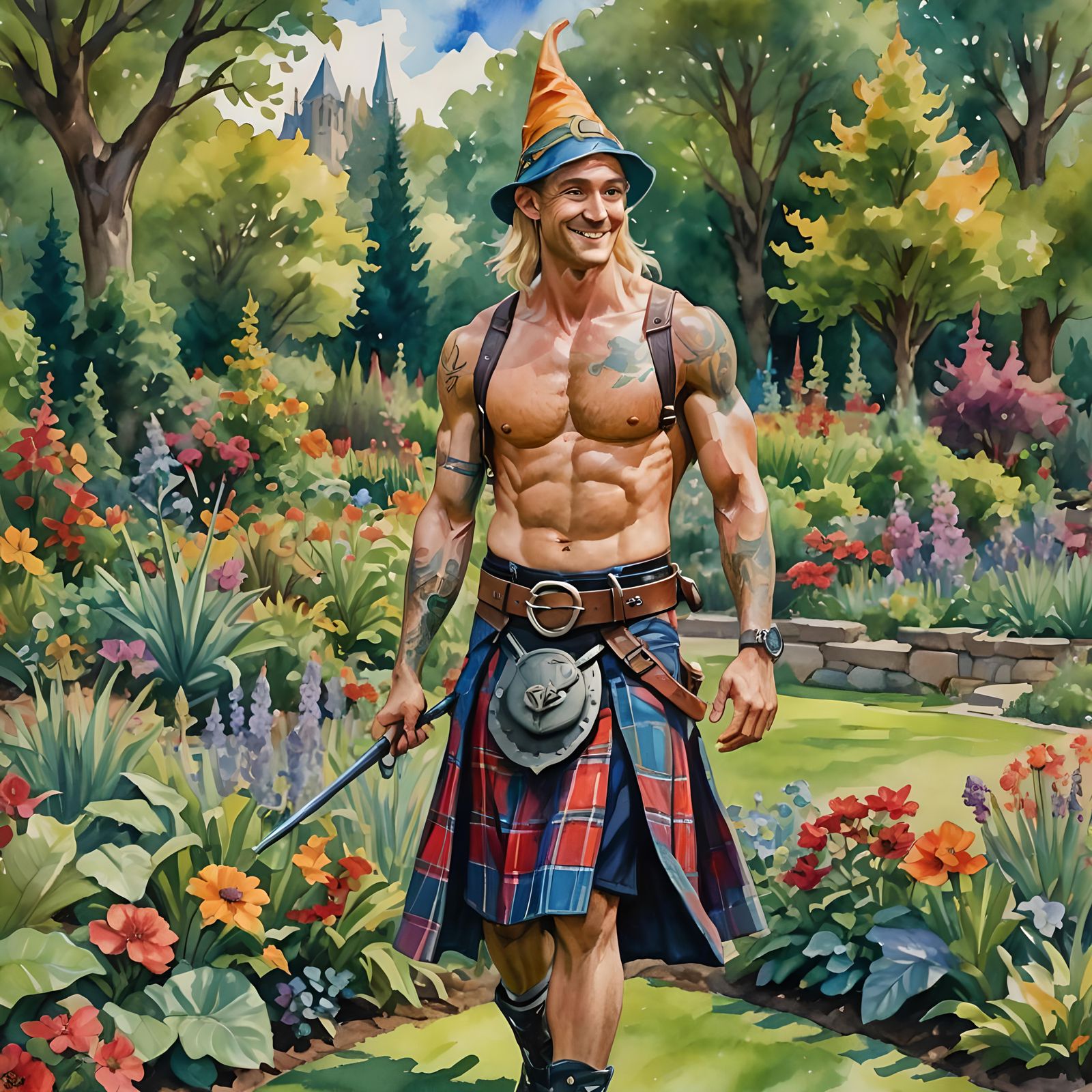 Elf Wizard in Garden: Gouache Watercolor Masterpiece