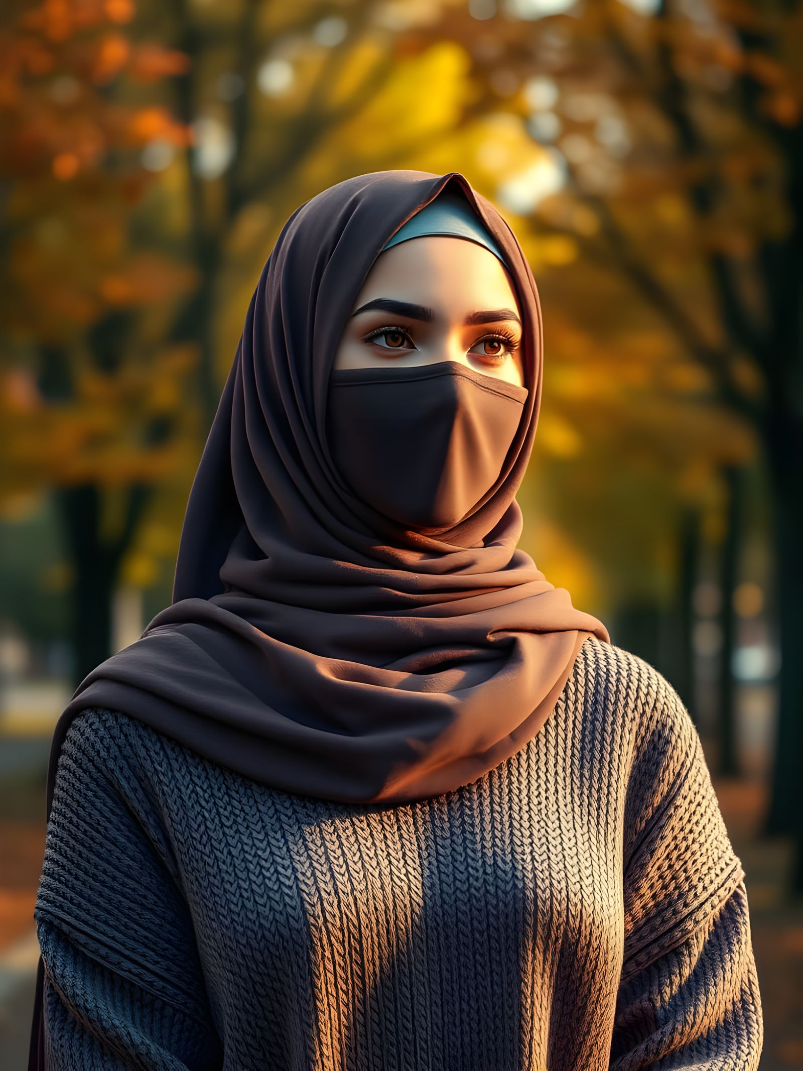 Hijabi Woman in Autumn Park, Digital Art