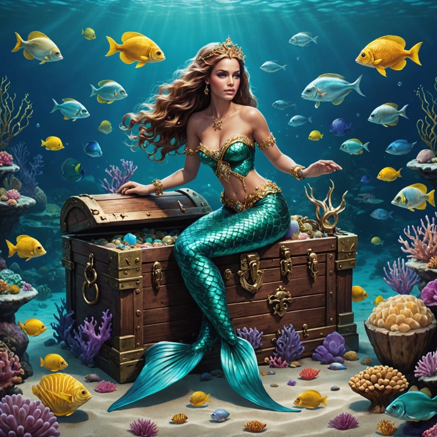 Mermaid Guards Sunken Treasure Chest Underwater