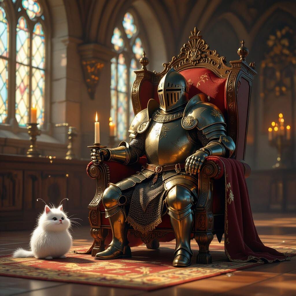 Armored Armchair and Timid Dust Bunny in Medieval Hall