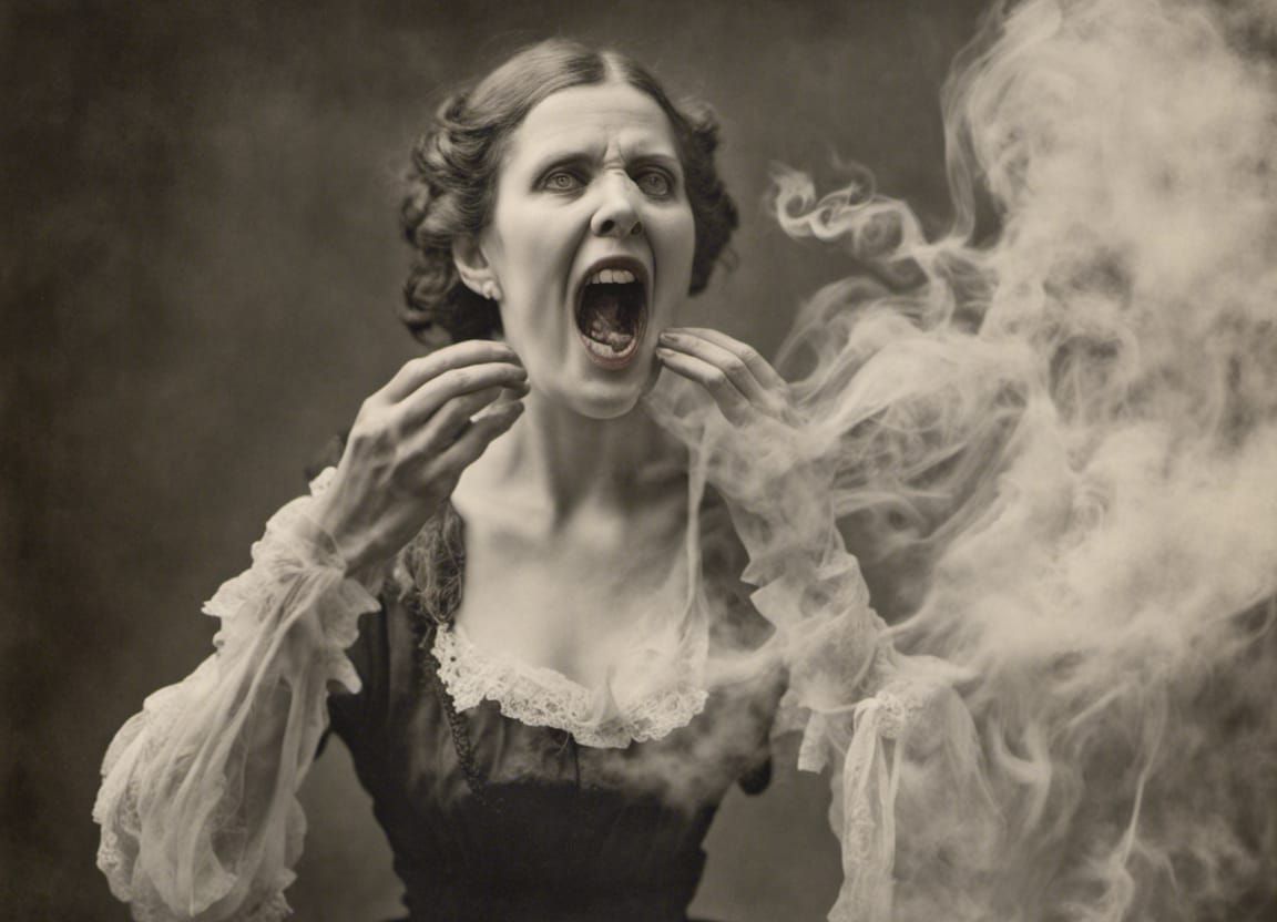 The renowned medium Miss Emily Hornswoggle producing ghostly ectoplasm during a seance.