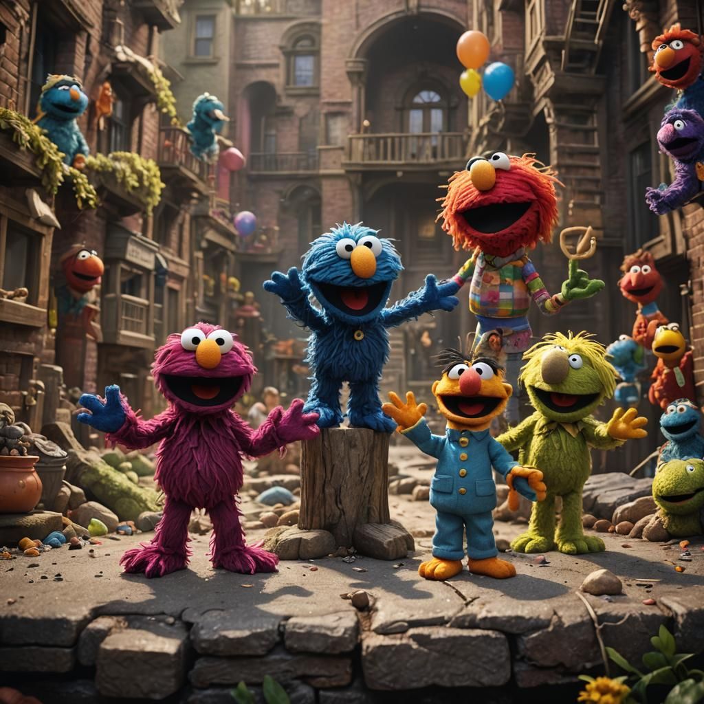 Sesame Street Puppets High Fiving: Detailed Matte Painting