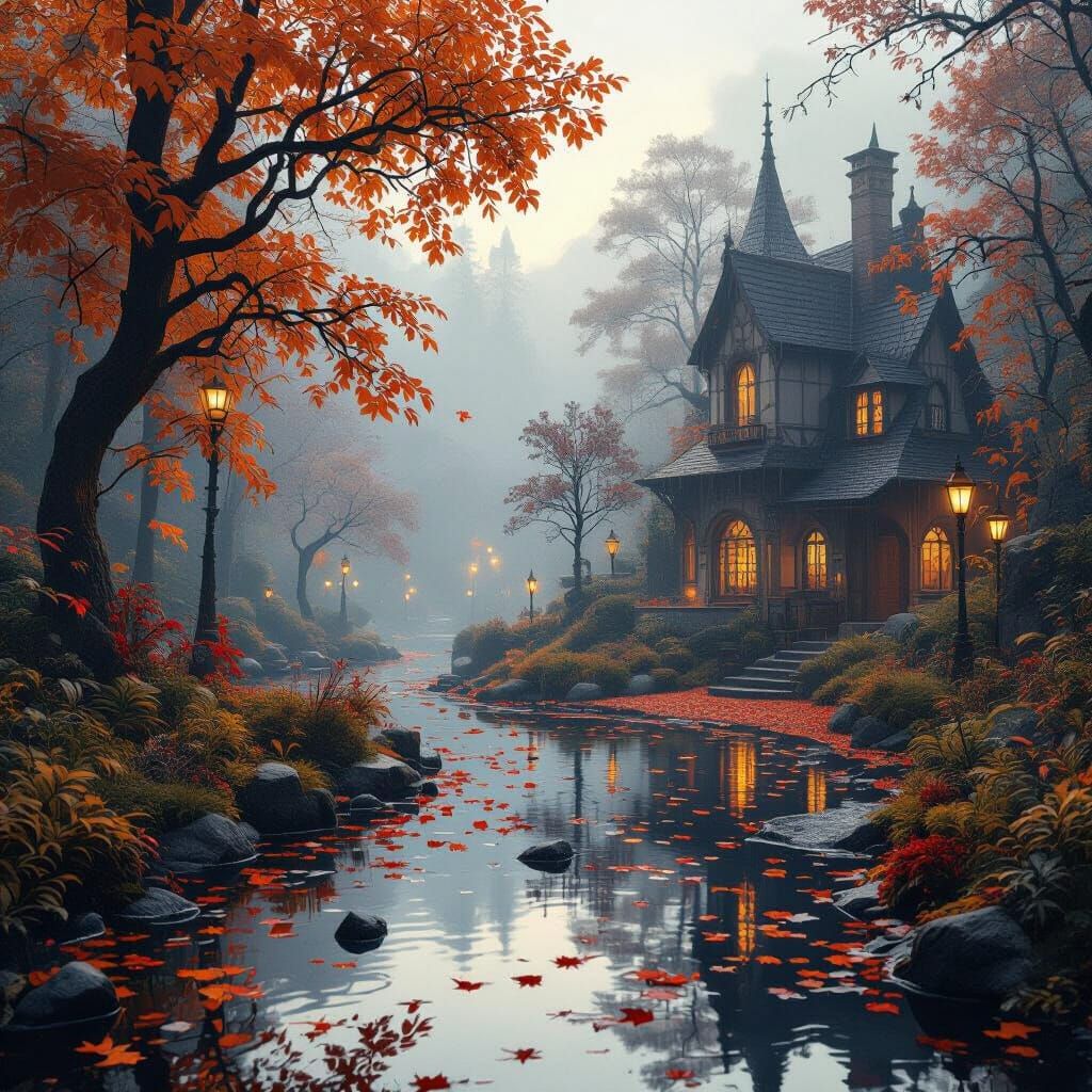 Surreal Autumn Landscape with Whimsical Architecture