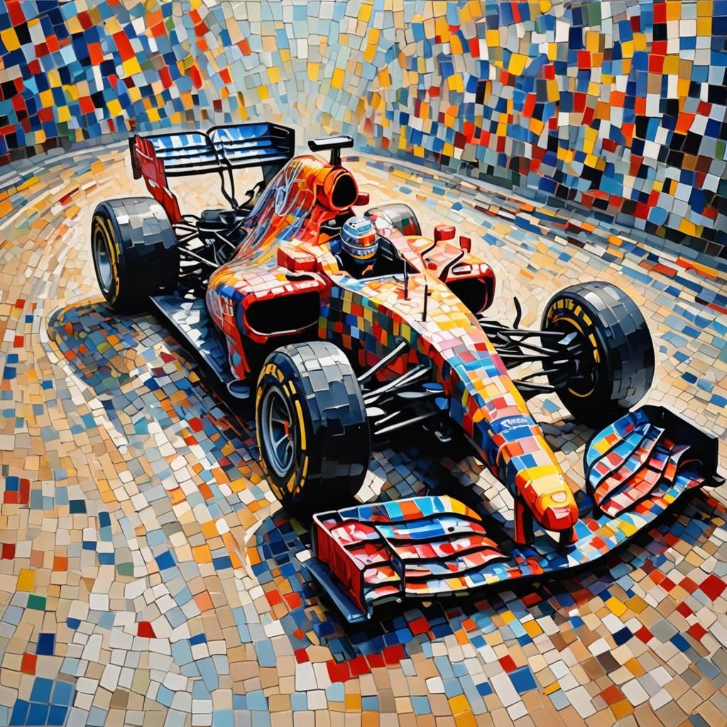 Mosaic Glass Formula 1 Car: Expressionist Oil Painting