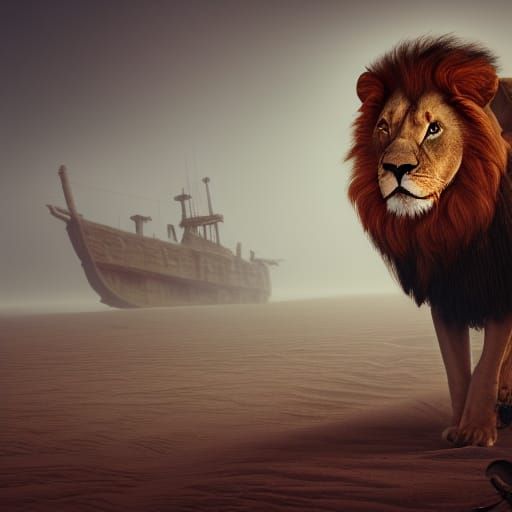 Eerie Lion on Desert Beach with Shipwreck